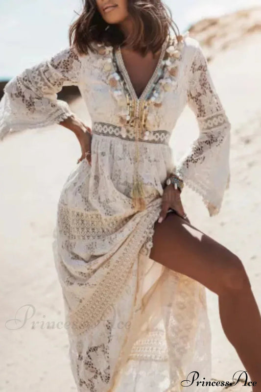 Vintage Embroidery Loose White Red Boho Dress