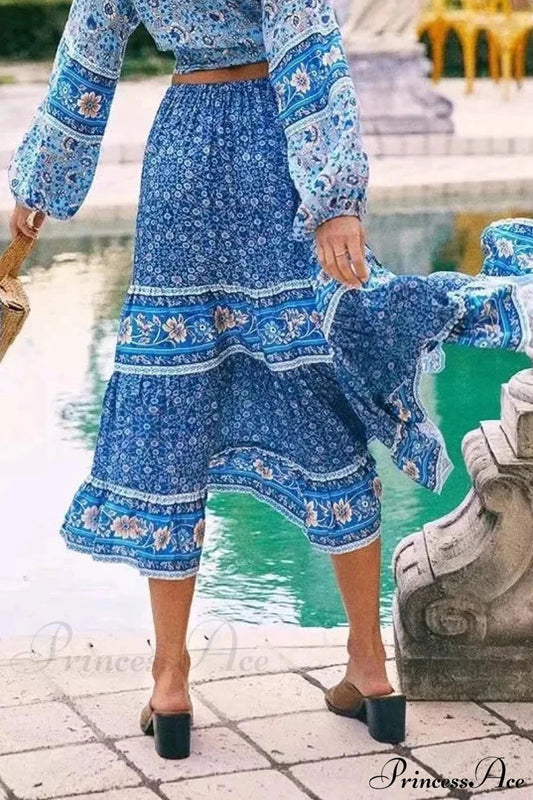 Vintage Floral Maxi Skirt Casual Beach Boho Rayon Elastic Waist Tie