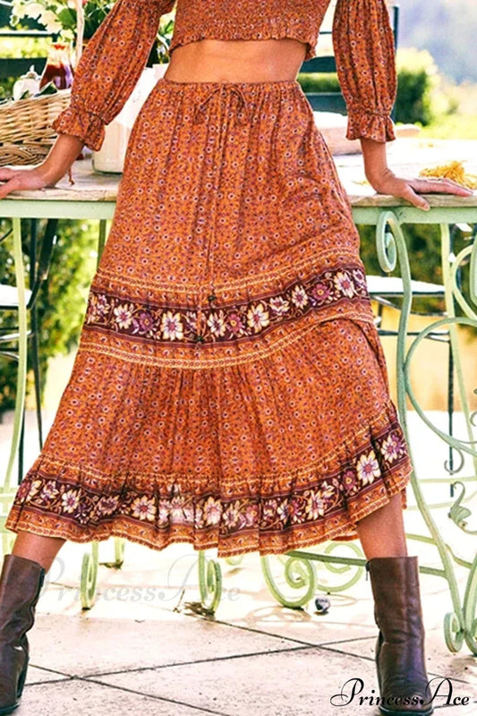 Vintage Floral Maxi Skirt Casual Beach Boho Rayon Elastic Waist Tie