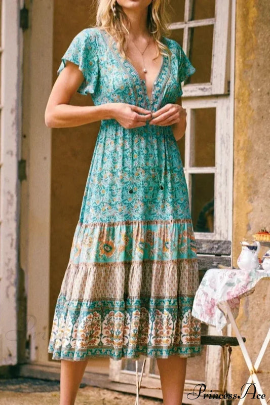 Vintage Floral Print Sashes Cross V-neck Maxi Boho Dress