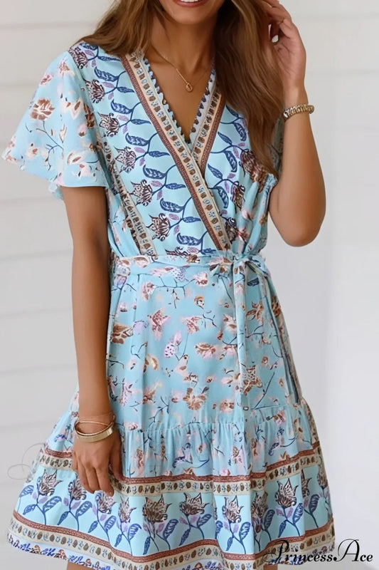 Vintage Floral Print Short Sleeve V-neck Sexy Mini Boho Dress