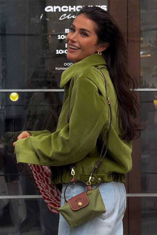 Vintage Green Velvet Loose Baseball Lapel Jacket