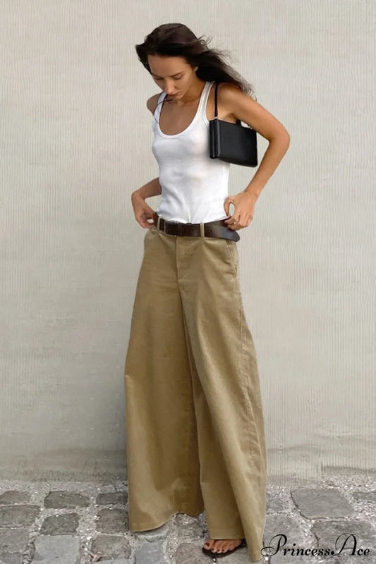 Vintage Khaki Corduroy Wide Leg Flared Pants