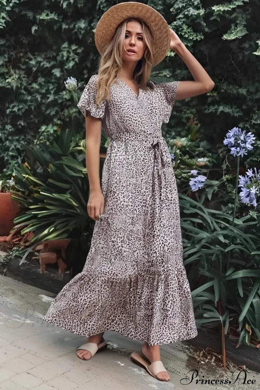 Vintage Leopard Print Bow Tie Boho Dress