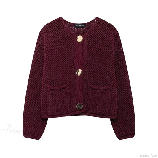 Vintage Stylish Cozy Cropped Wine Red Knitted Button Pocket Christmas Sweater Wine Red / S