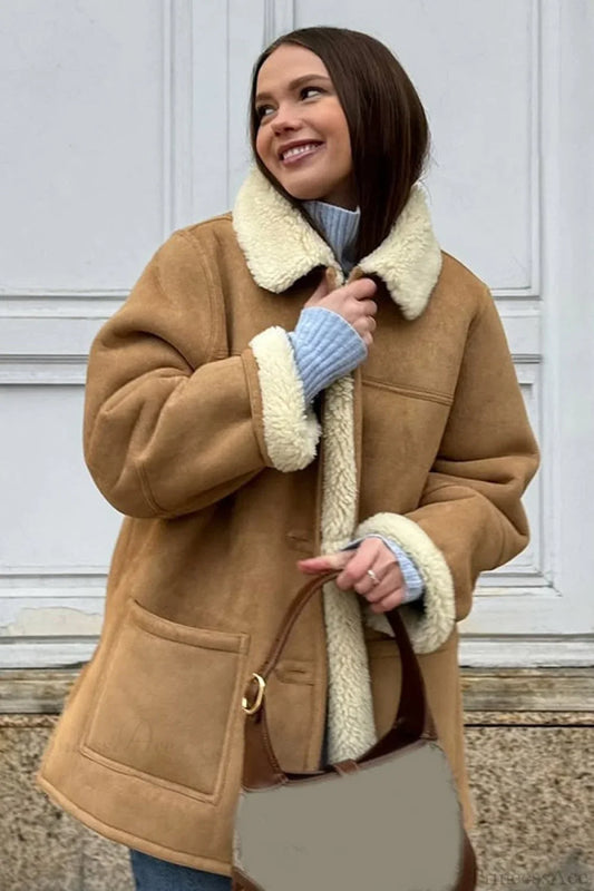 Vintage Suede Sherpa-Lined Wide Lapel Coat
