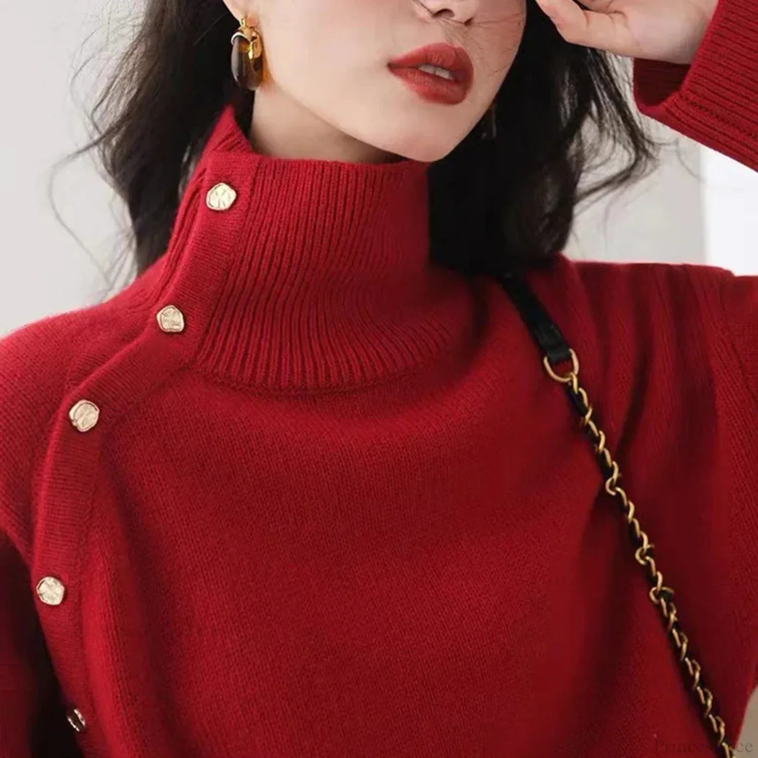 Vintage Turtleneck Elegant Chic Buttons Long Sleeve Christmas Sweater Red / M Sweaters-L
