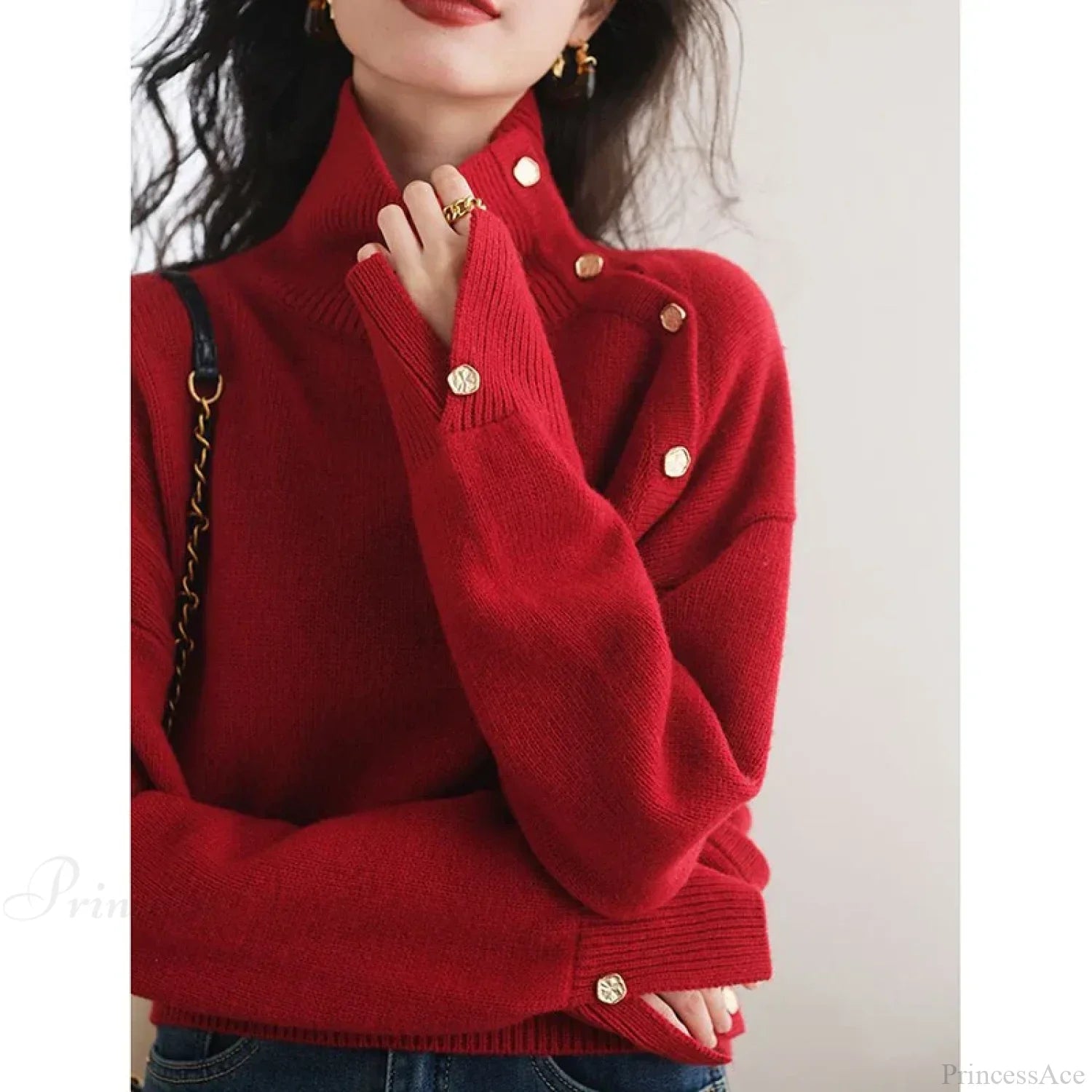 Vintage Turtleneck Elegant Chic Buttons Long Sleeve Christmas Sweater Sweaters-L