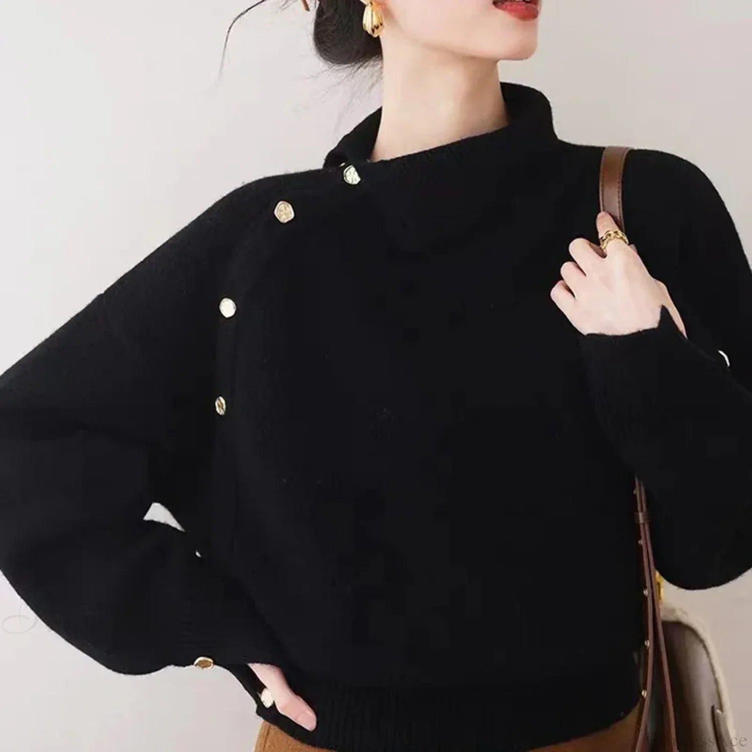 Vintage Turtleneck Elegant Chic Buttons Long Sleeve Christmas Sweater Sweaters-L