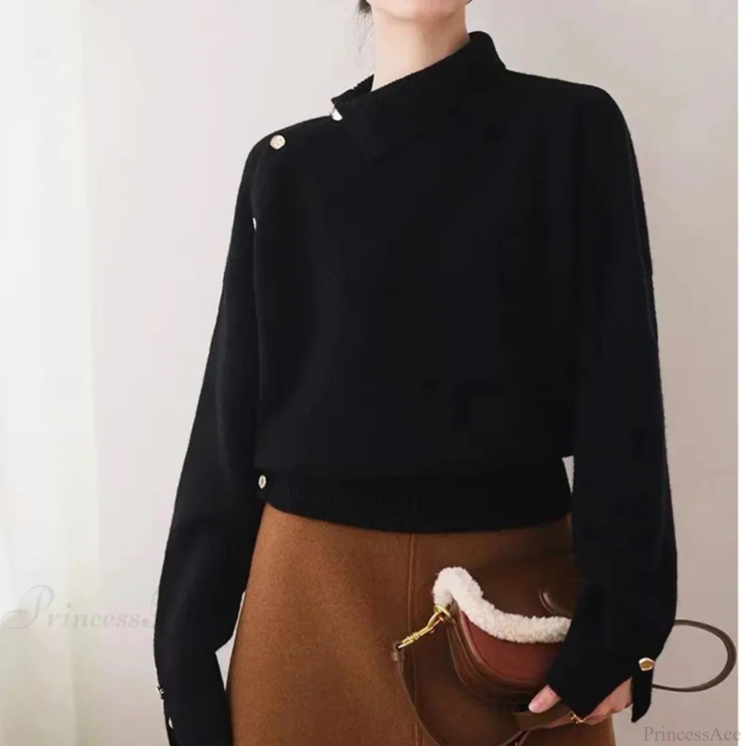 Vintage Turtleneck Elegant Chic Buttons Long Sleeve Christmas Sweater Sweaters-L