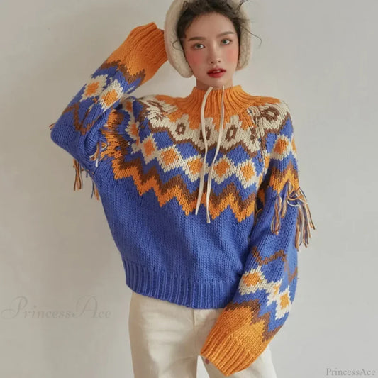 Vintage Warm Jacquard Knit Boho Tassel Christmas Sweater Blue / One Size Sweaters-L