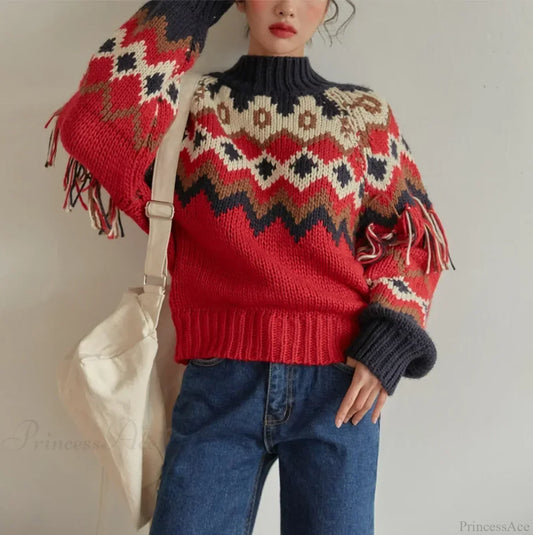 Vintage Warm Jacquard Knit Boho Tassel Christmas Sweater Sweaters-L