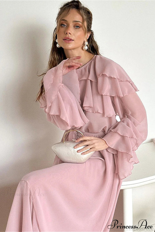 Waist Cinch Ruffled Semi Sheer Elegant Maxi Dress