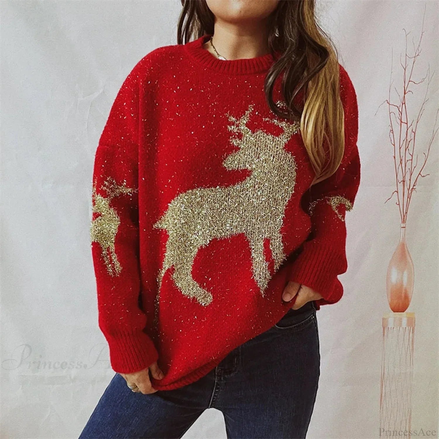 Warm Chic O-Neck Long Sleeve Knitted Christmas Sweater Red / S Sweaters-L