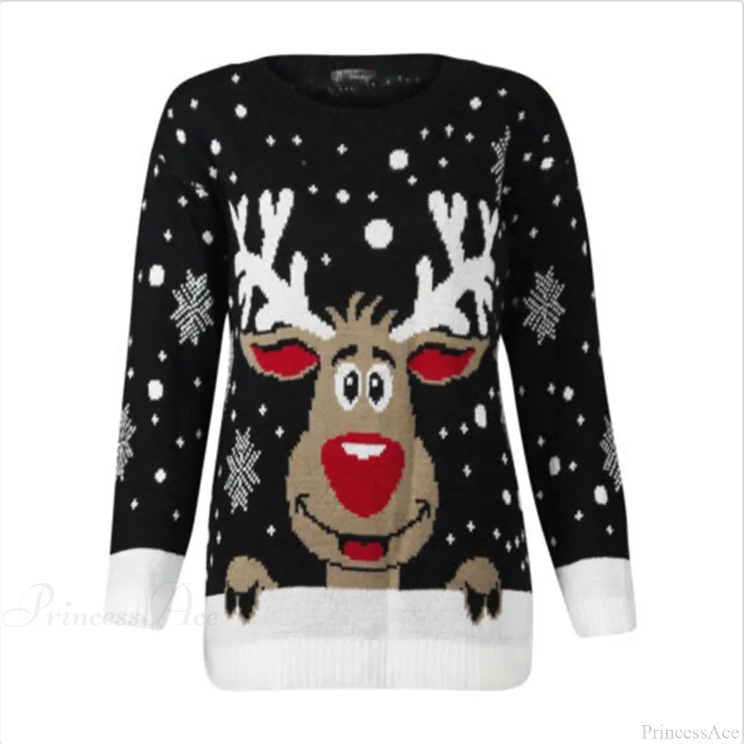 Warm Long Sleeves Fur Collar Cartoon Reindeer Print Christmas Sweater Black / S Sweaters-L