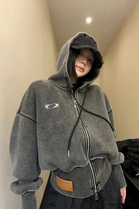 Washed 3D Embroidered Open Front Crop Hoodie