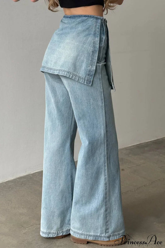 Washed Denim High Waisted Irregular Wide Leg Jeans