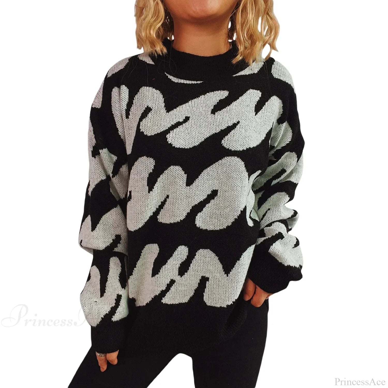 Wave Stripe Print Crew Neck Warm Sweater Black / S