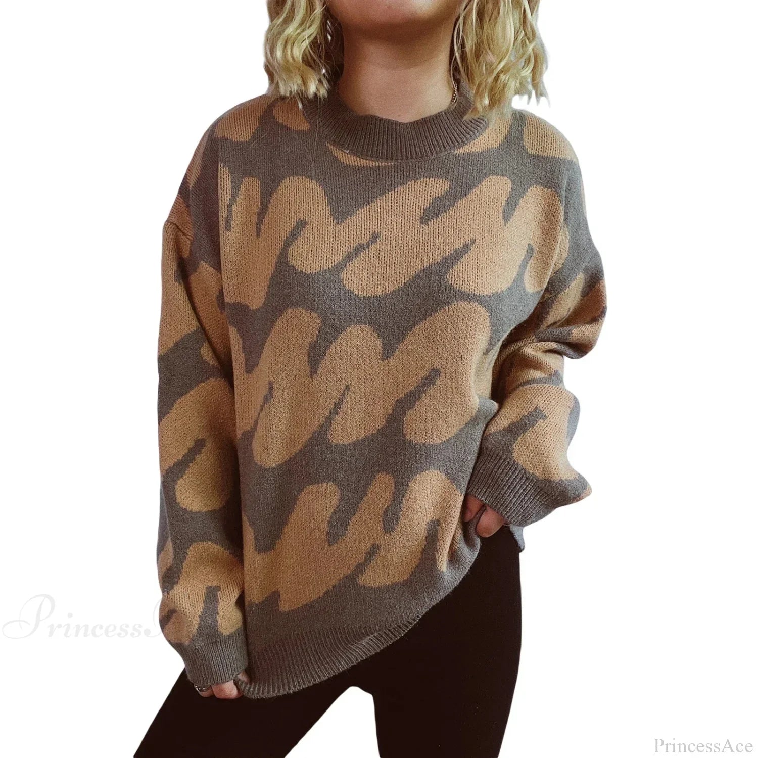 Wave Stripe Print Crew Neck Warm Sweater GRAY / S