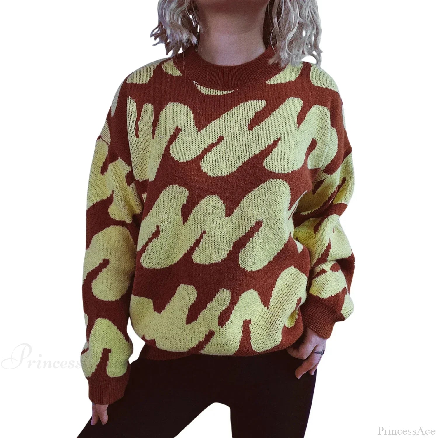 Wave Stripe Print Crew Neck Warm Sweater Yellow / S