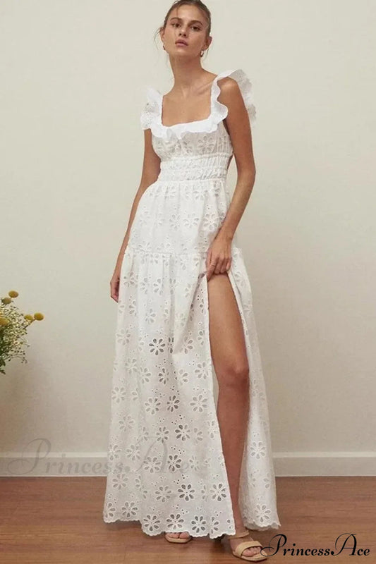 White Cotton Floral Lace Maxi Dress