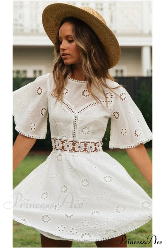 White Cotton Half Sleeve Sexy Backless Hollow Out Mini Boho Dress