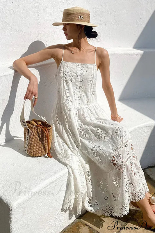 White Lace Dress Cotton Floral Embroidery Strap Sleeveless Women Summer Dress