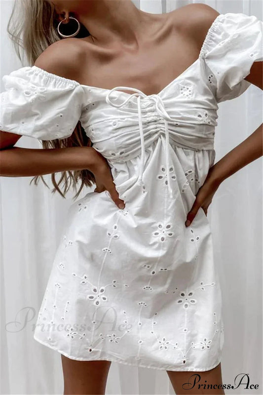 White Lace Embroidery V-neck Cotton Wrist Mini Boho Dress