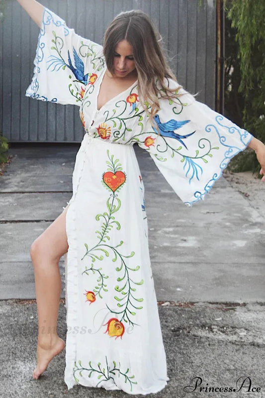 White Maxi Dress Cotton Floral Embroidery Sexy V-neck Beach Dress