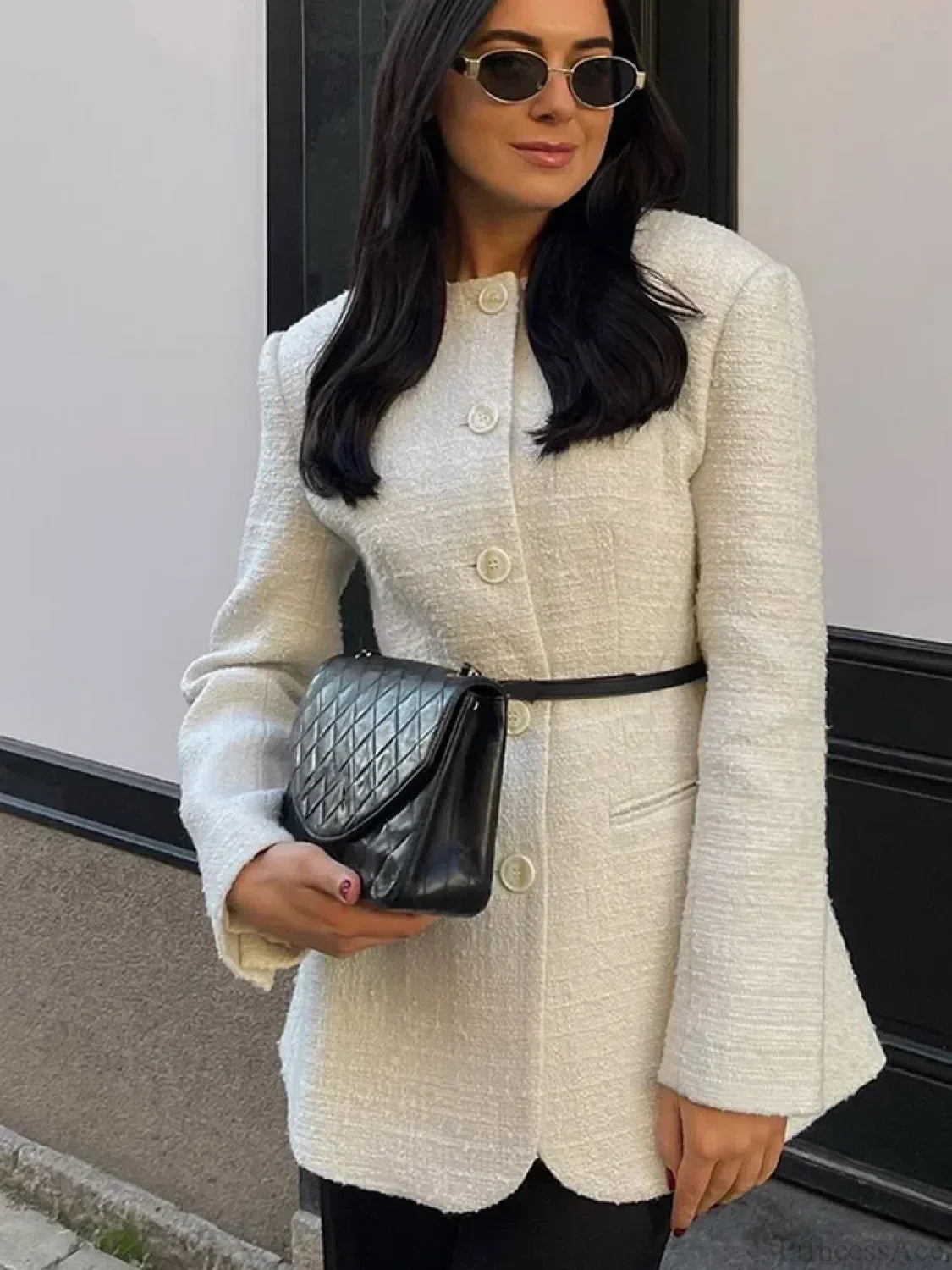 White Round Neck Single Breasted Coat Beige / S