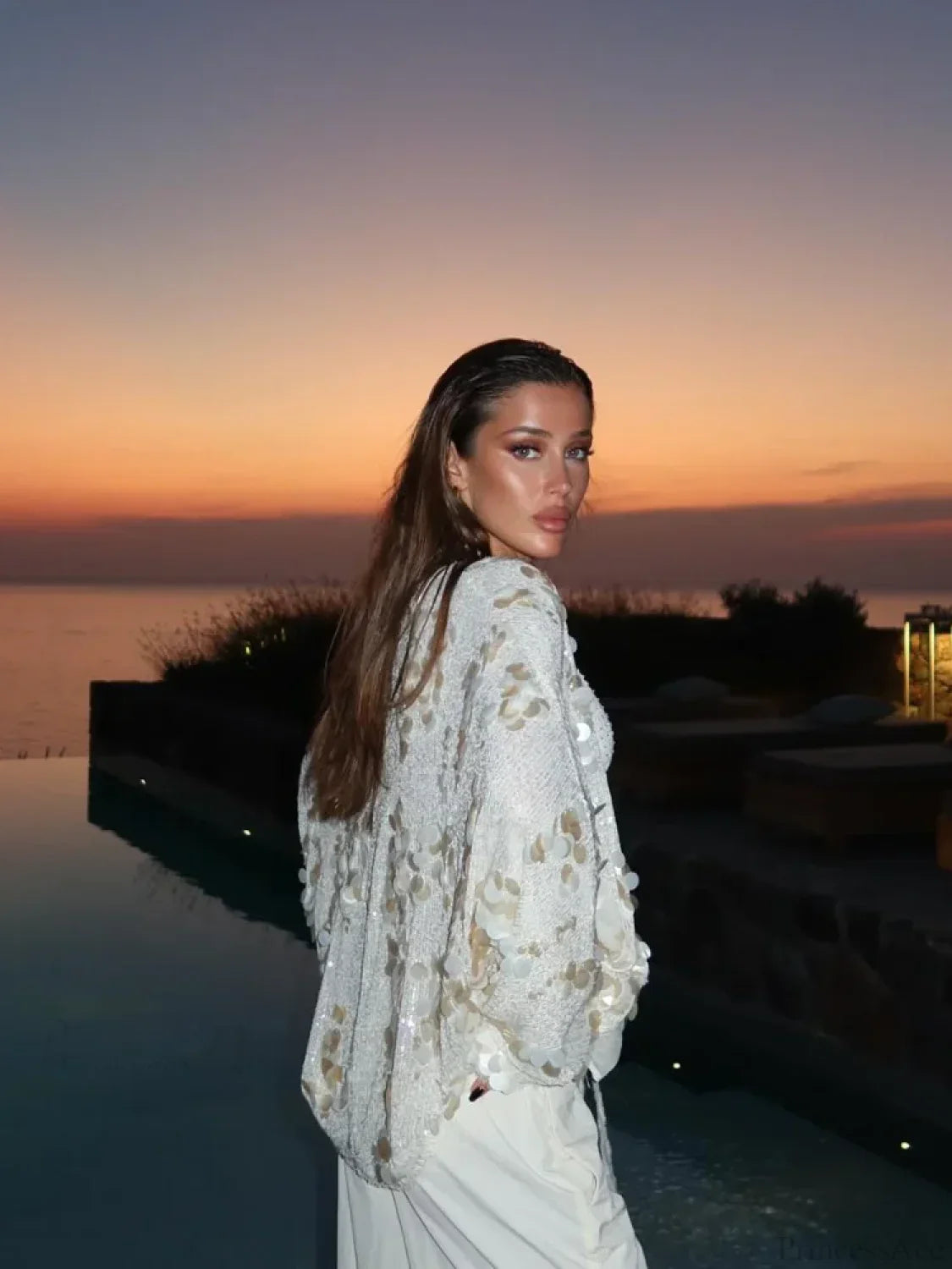 White Sequins Lace-up Shirt Coat