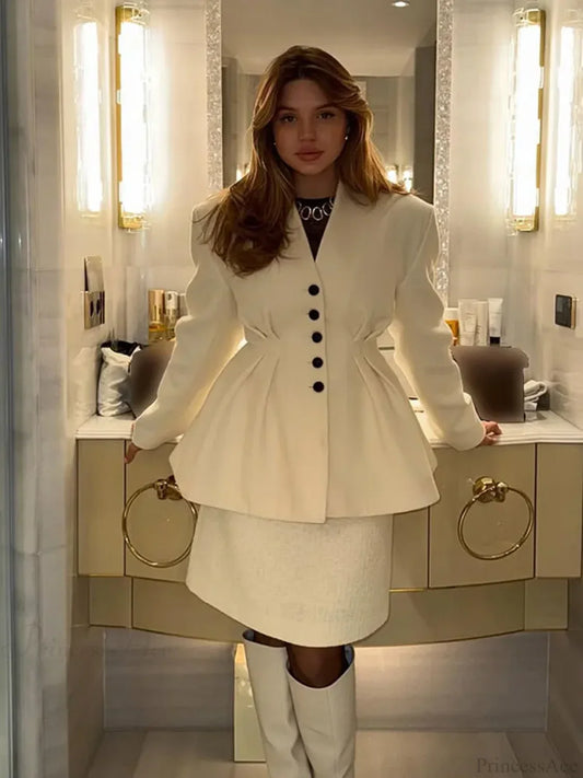 White V-neck Pleated A-line Coat rice white / S