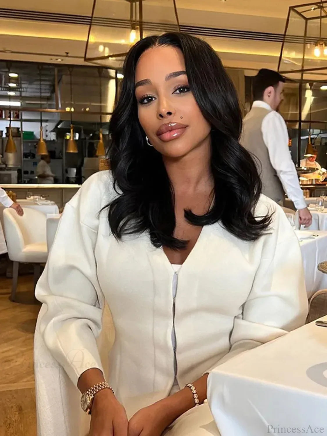 White V-neck Woolen Coat