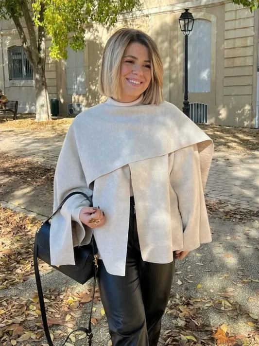 White Woolen Coat with Scarf Collar beige / S