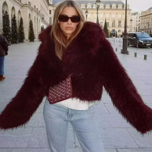 Wine Red Cropped Faux Fur Coat Claret / Xs Coats-241208