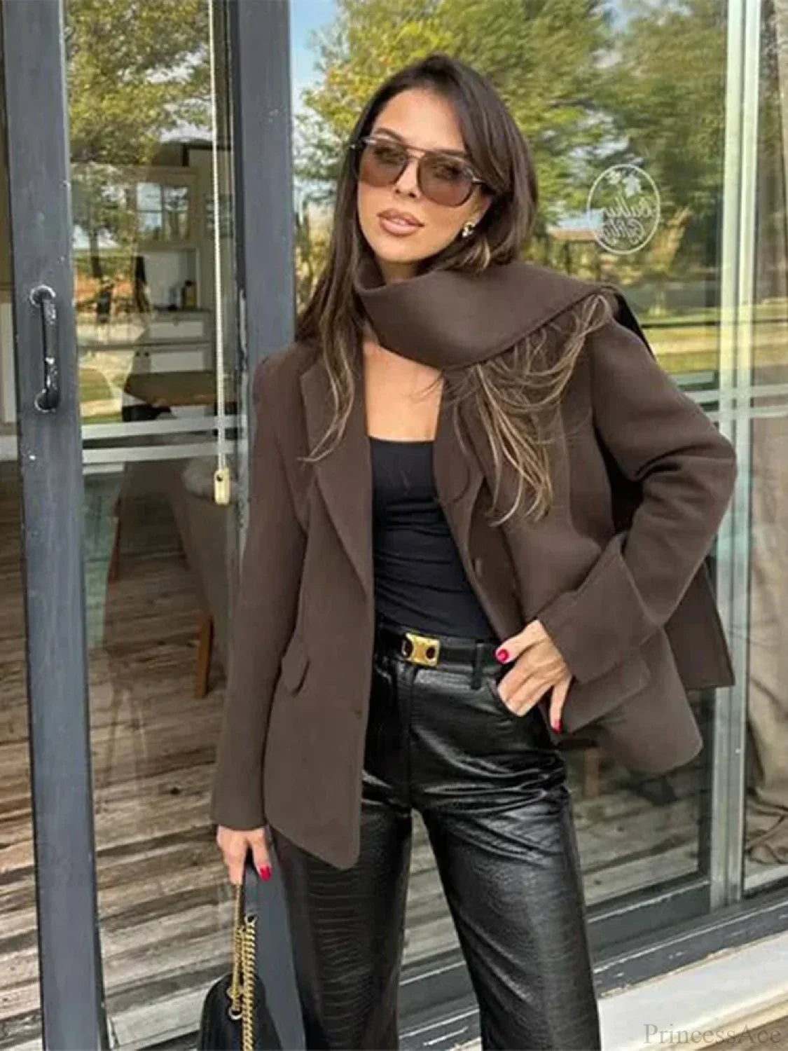 Wine Red Lapel Scarf Coat Coffe / S Coats-241208