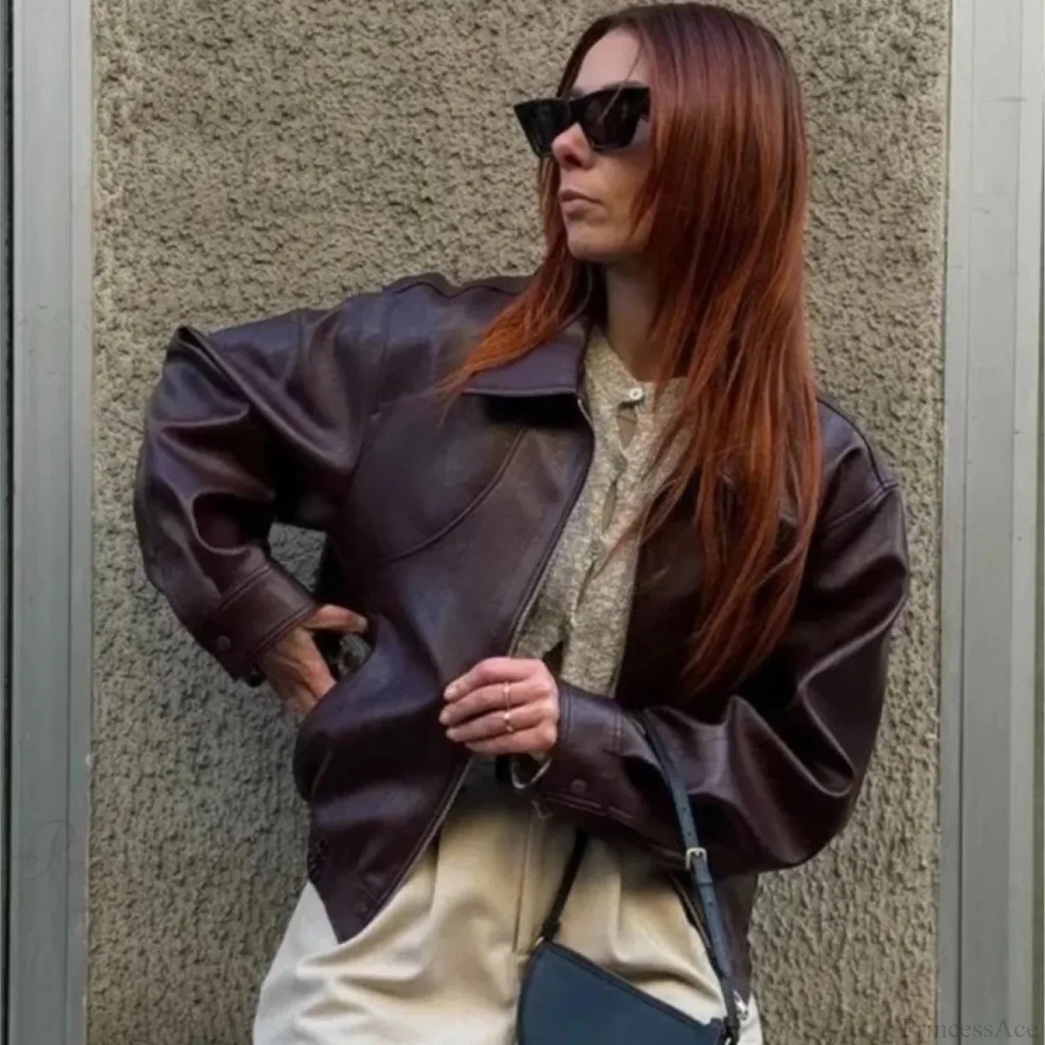 Wine Red Pu Leather Coat Coats-241208