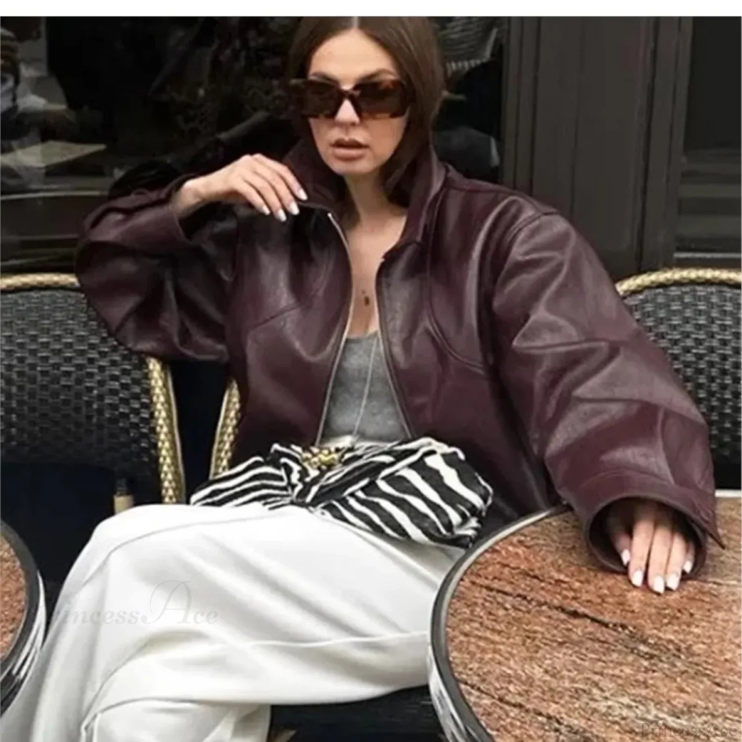 Wine Red Pu Leather Coat Coats-241208