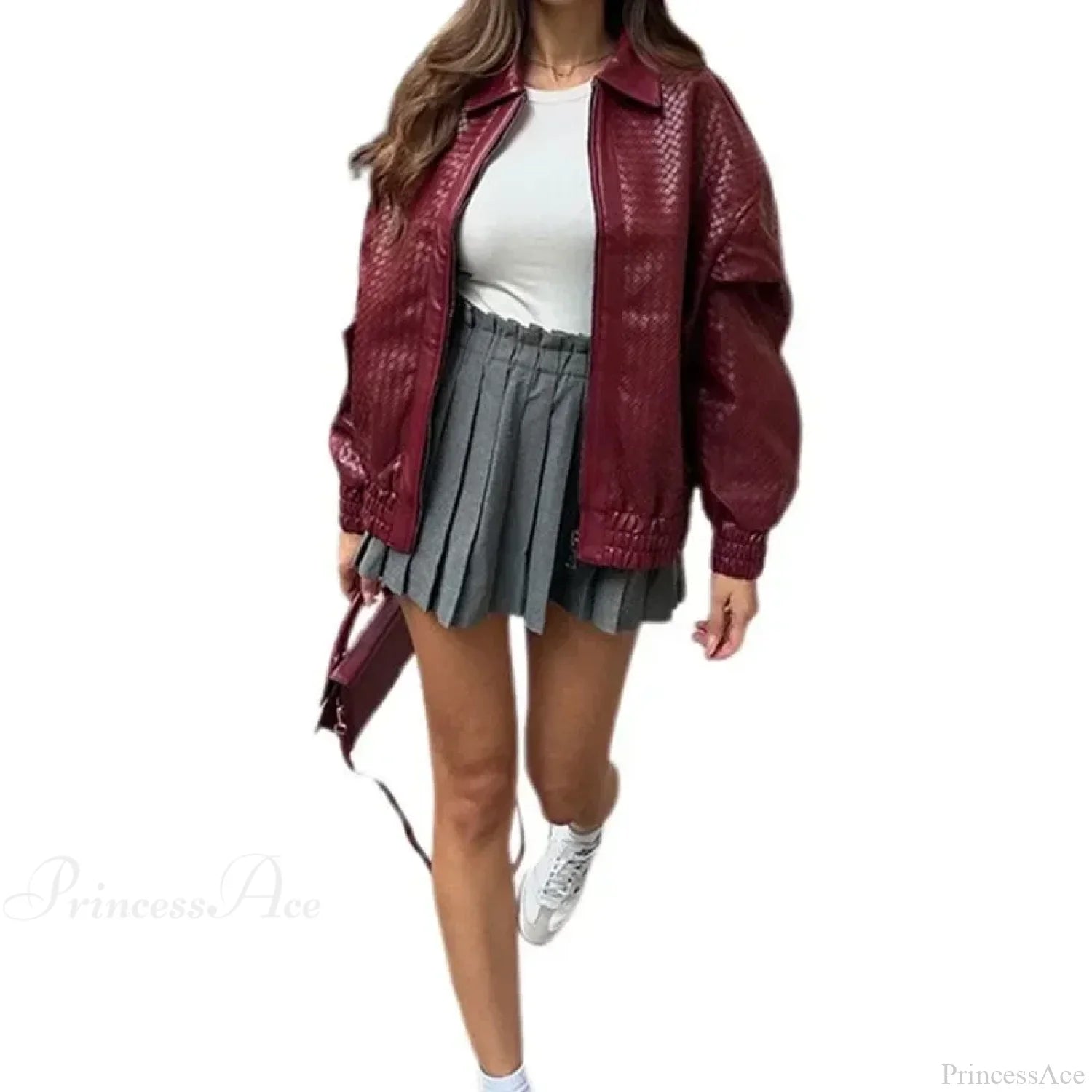 Wine Red Pu Leather Zipper Coat Coats-241208