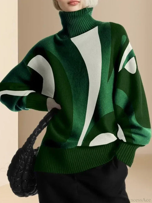 Winter Casual Contrast Color High Neck Sweater GREEN / S
