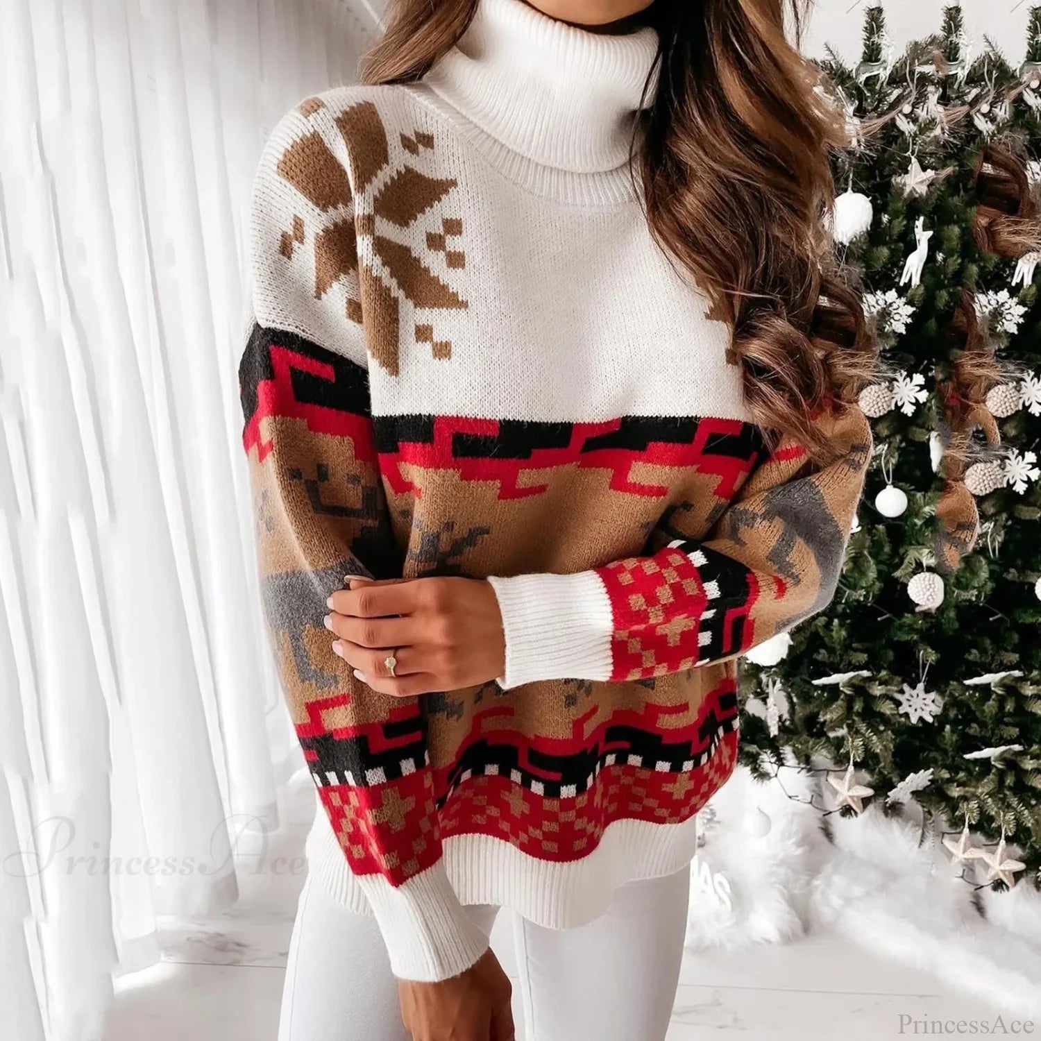 Winter Christmas Print Knitted Casual Long Sleeve Ugly Women Sweater Brown / S Sweaters-L