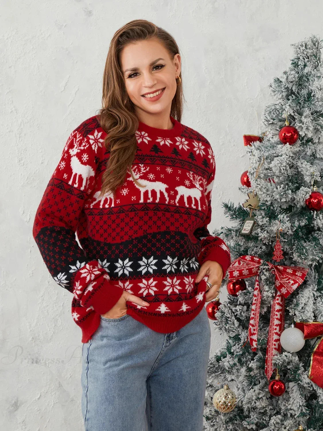 Winter Warm Couples Knit Round Neck Reindeer Pattern Classic Knitwear Christmas Sweater Sweaters-L