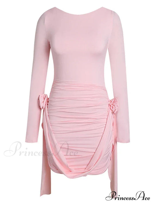 Women Pink 3D Floral Draped Mini Bodycon Dress Long Sleeves Christmas Party Dress