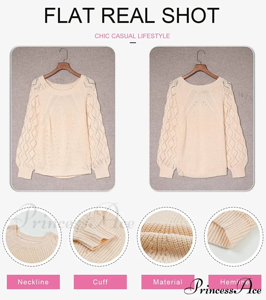 Women’s Casual Long Sleeve Crewneck Crochet Sweater Sweaters-L