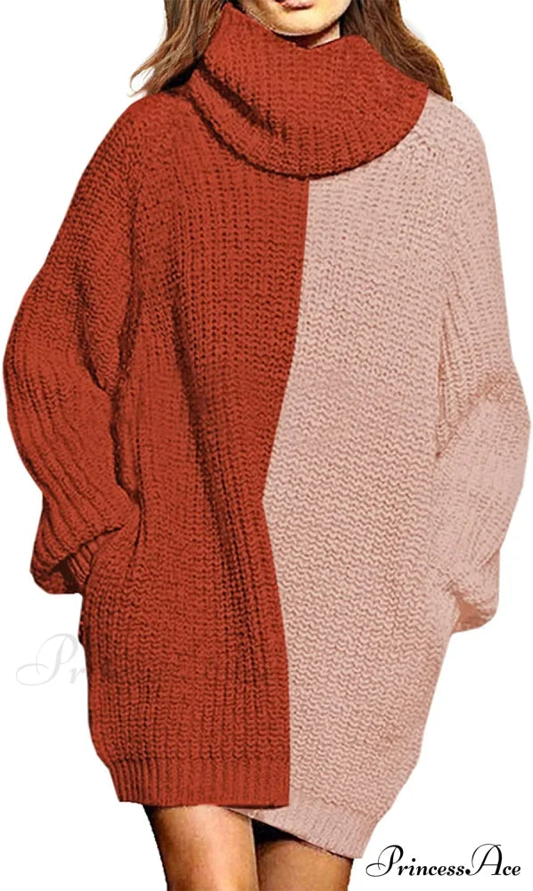 Women’s Loose Turtleneck Oversize Long Pullover Sweater Dress Y - Orange And Pink / X-Large