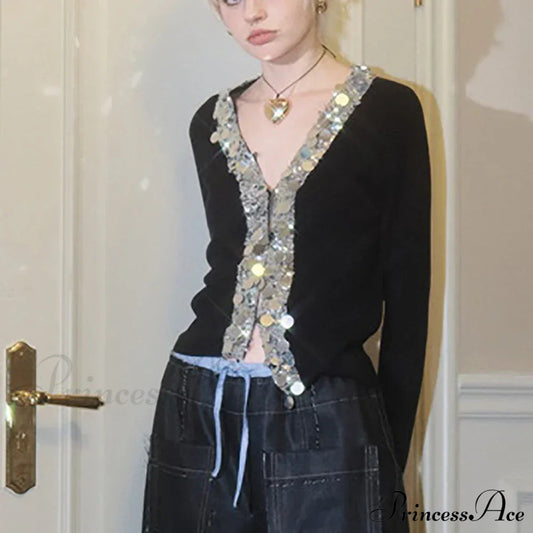 Wool Blend Colorful Sequin V-neck Cardigan