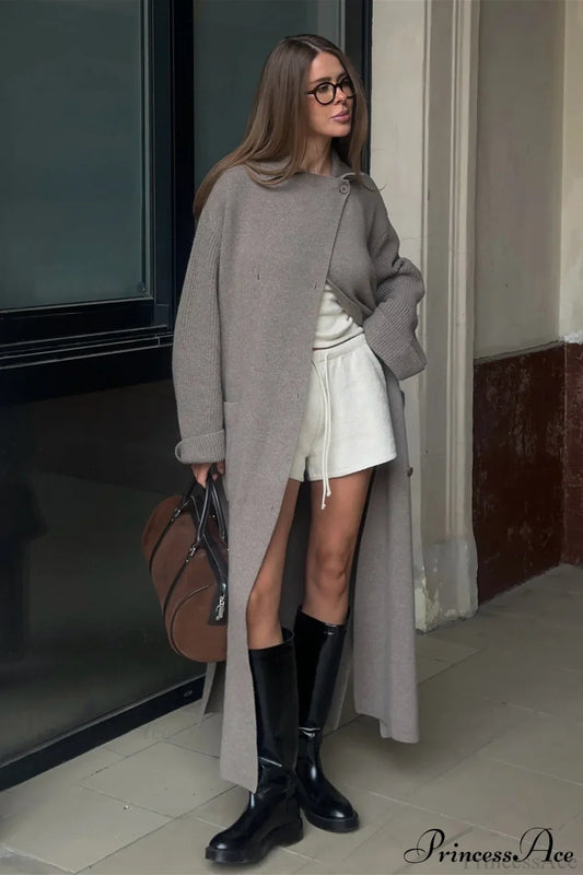 Wool Blend Lapel Tie Waist Long Overcoat