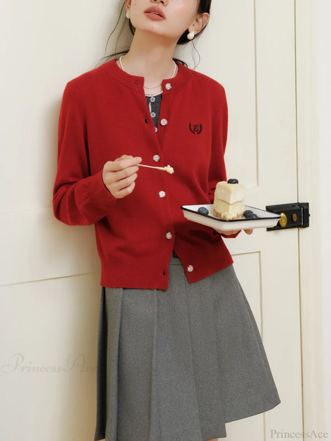 Wool Blend Round Neck Front Shoulder Short Red Cardigan Christmas Sweater Sweaters-L