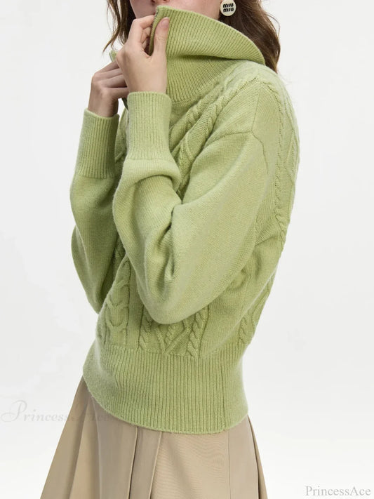 Wool V-neck Chic Pullover Two Color Sweater Green / XS