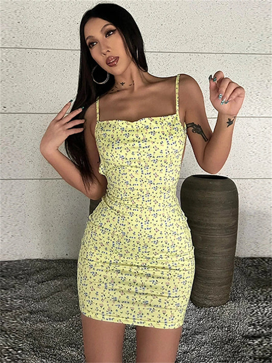 Chic Floral Print Backless Sling Mini Sshoppender Wrap Bodycon Party Dress